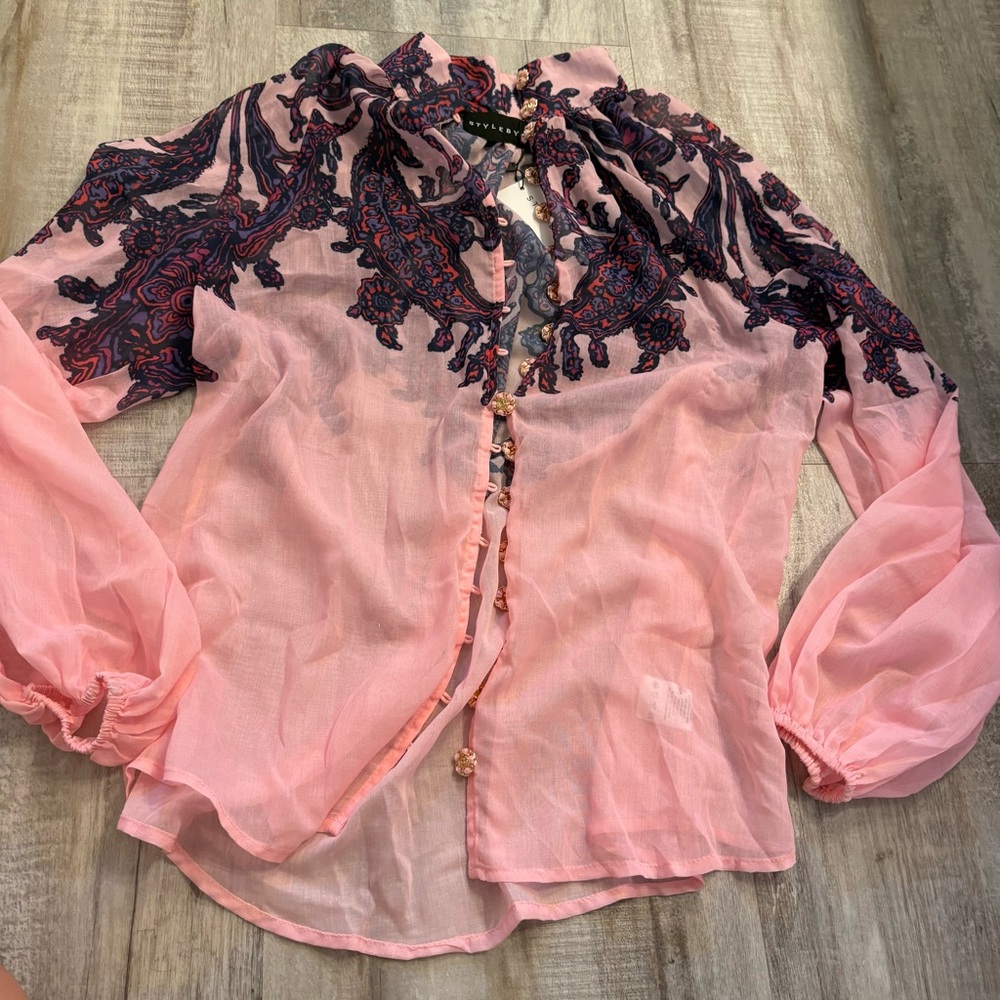 Style By GG Print Pink Sheer Button Down Top Small